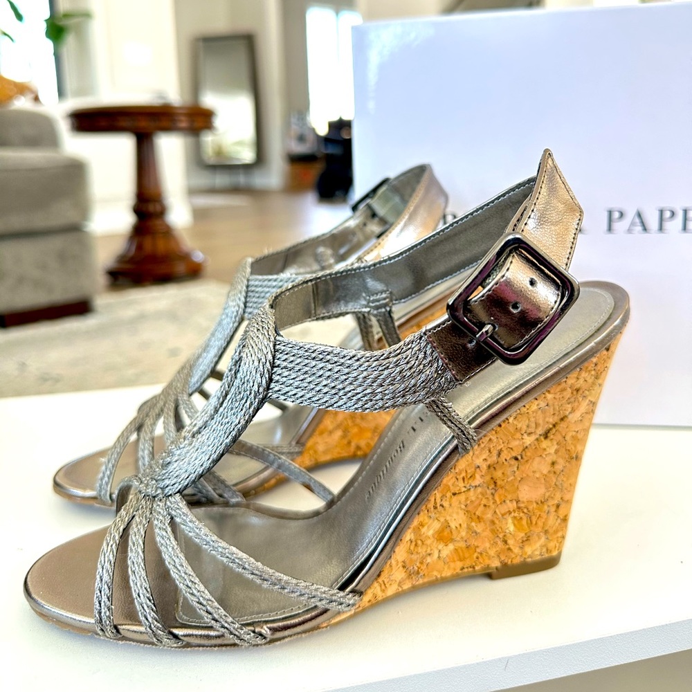 ADRIANNA PAPELL Leather Strappy Wedges, Gunmetal, Size 8, NWB
